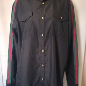 Black Casual Button Down Shirt with Red and Green Stripes